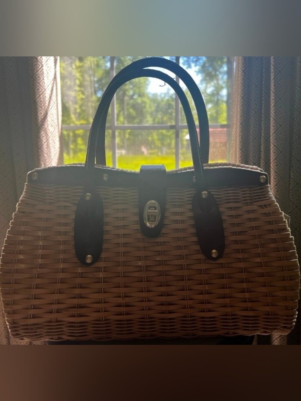 Woven Straw Tote with Black Leather Trim and Handles